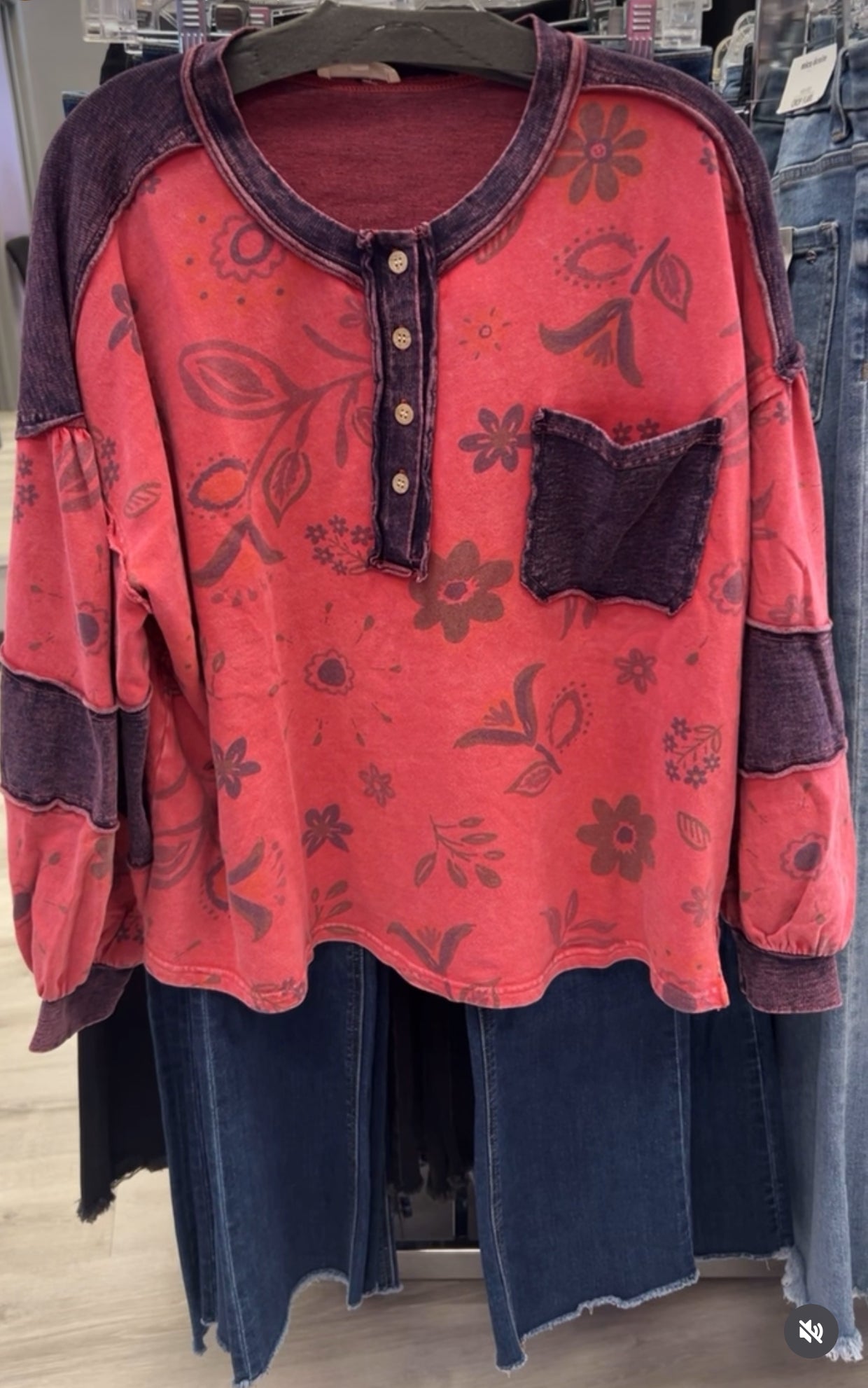 Boho red floral henley with denim trim