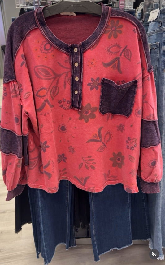 Boho red floral henley with denim trim