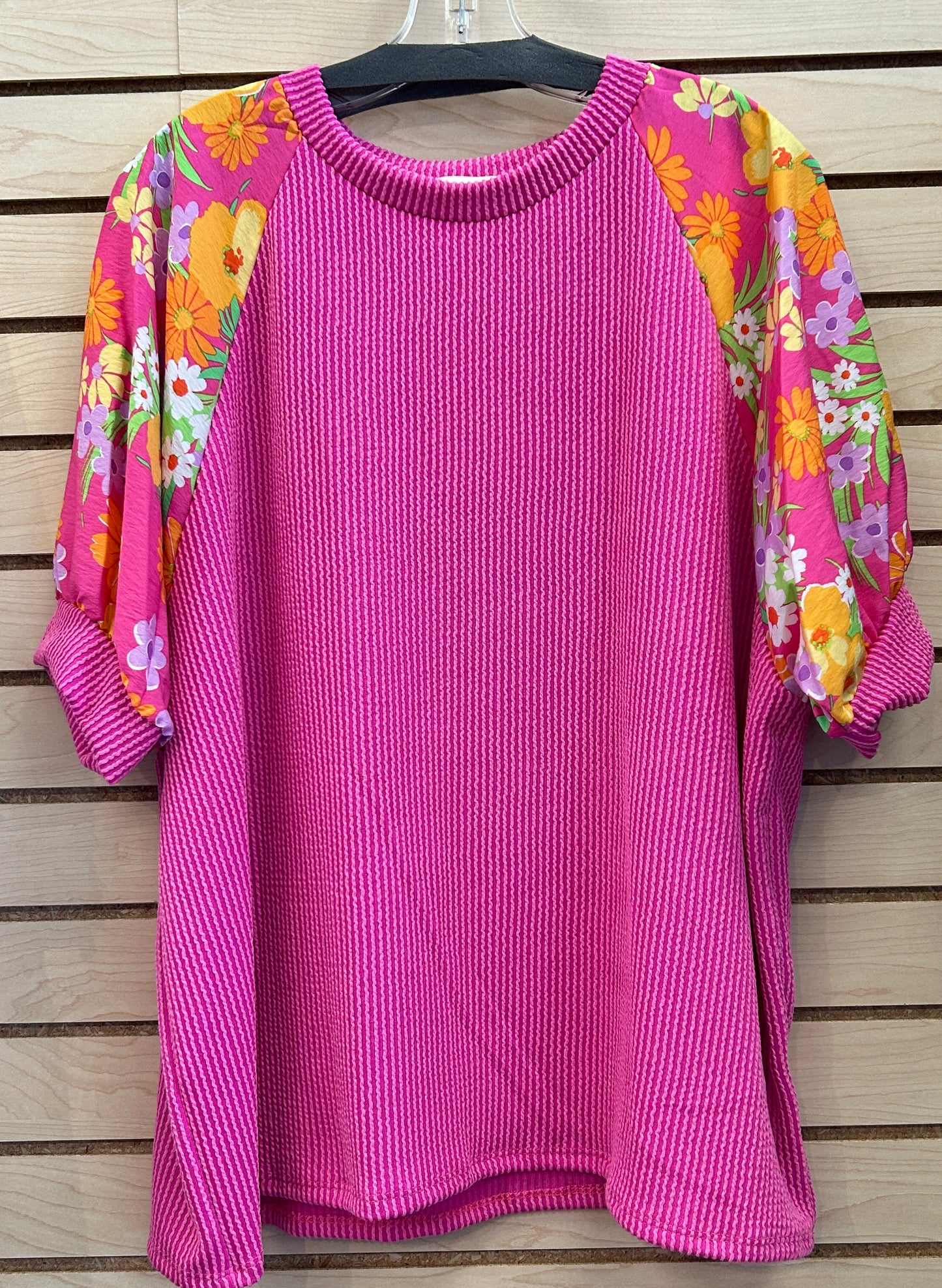 Fuschia ribbed top with multi floral sleeves, available up to XL