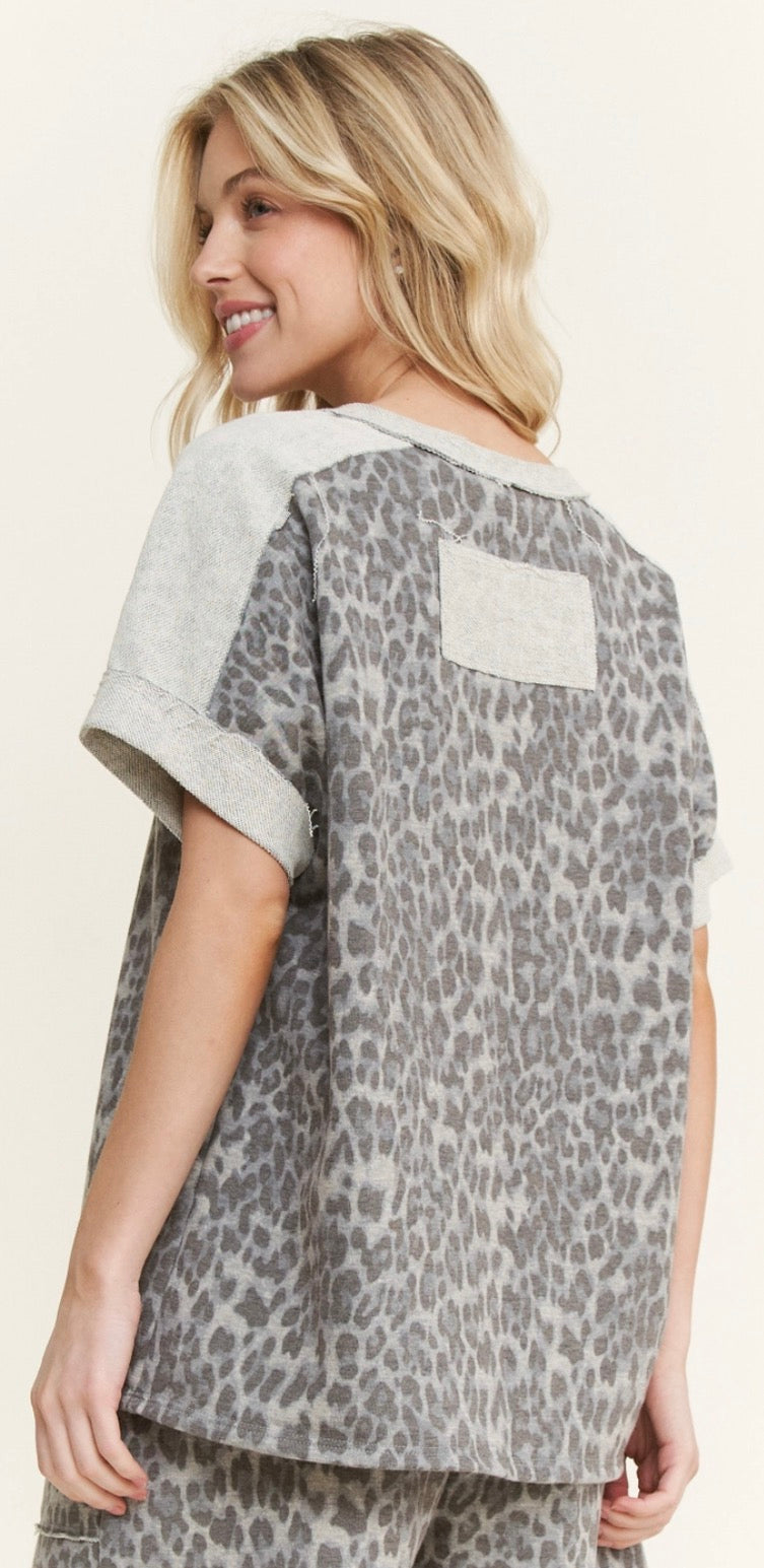 Grey leopard v neck top