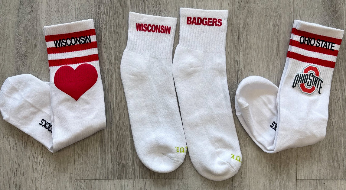 Custom stripe and smile socks (can order for ANY camp, school, team and smiley can be swapped out for any other design) GREAT FOR GIFTS!