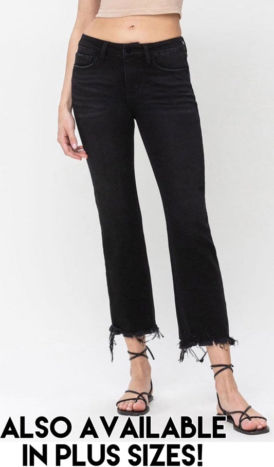 8TH RESTOCK! Black mid rise distressed bottom crop flare jeans with stretch BEST SELLER, available in sizes 24 through 18