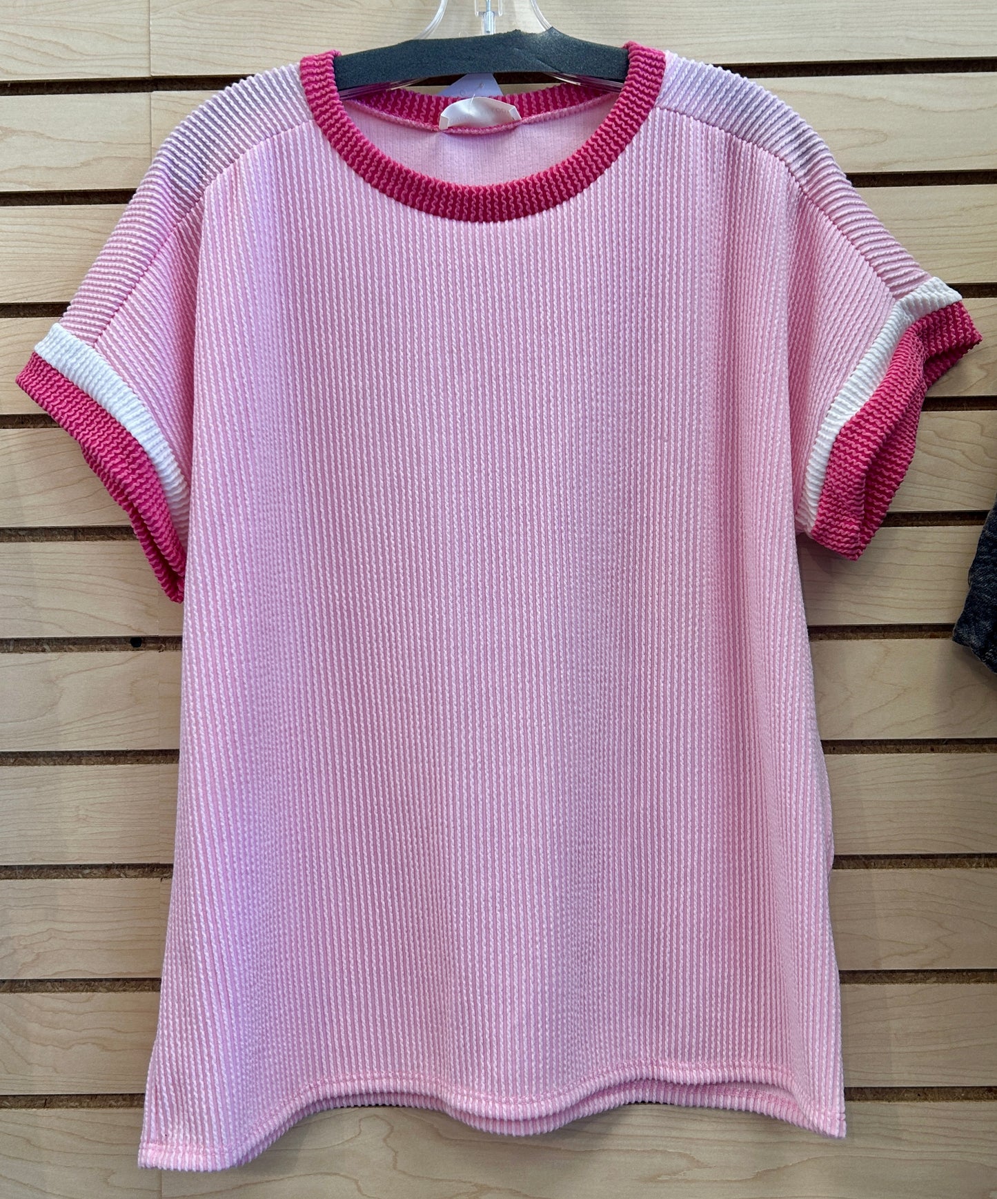 Pink ribbed top with hot pink & white sleeve stripes, available up to XL