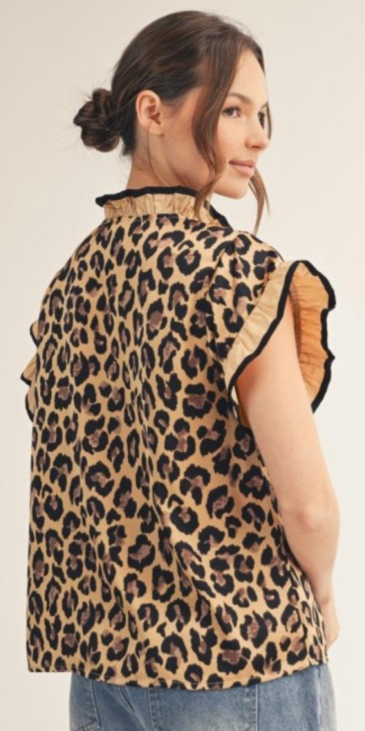 PREORDER NOW, Arriving Friday…Satin leopard top with ruffle detail