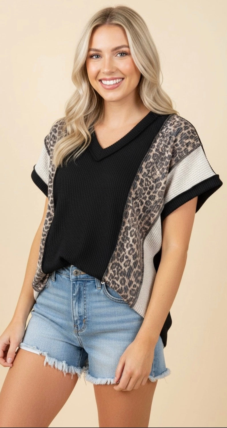 Black with leopard trim rib loose fit top