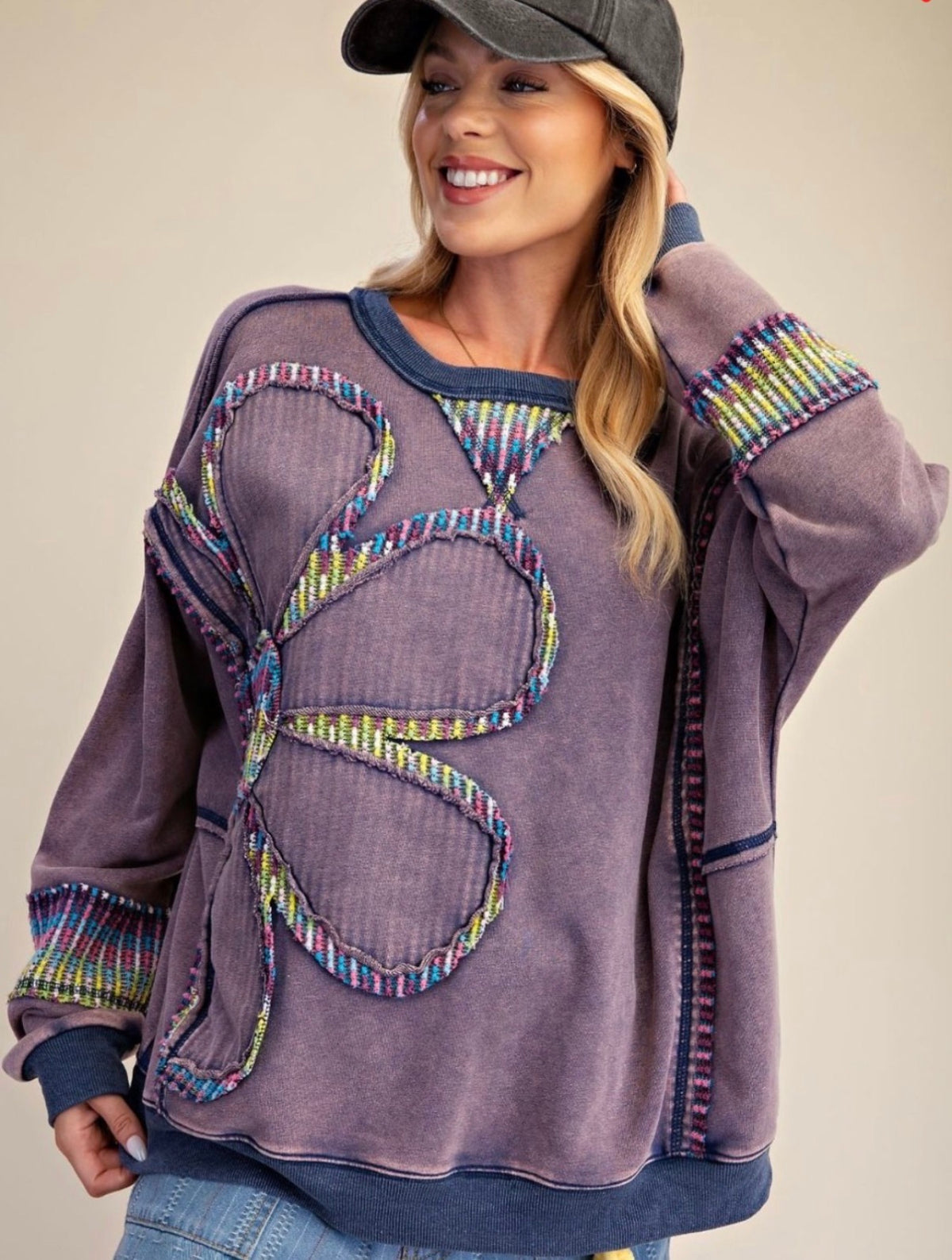 PREORDER NOW, Arriving Thursday…Blueberry loose fit sweatshirt with multicolored large daisy