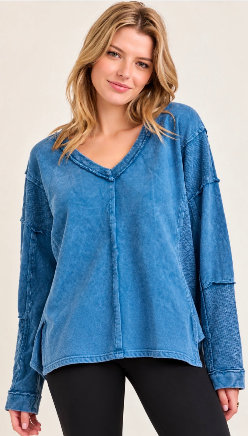 PREORDER NOW, Arriving Thursday…Slate blue mixed cotton and waffle v neck top