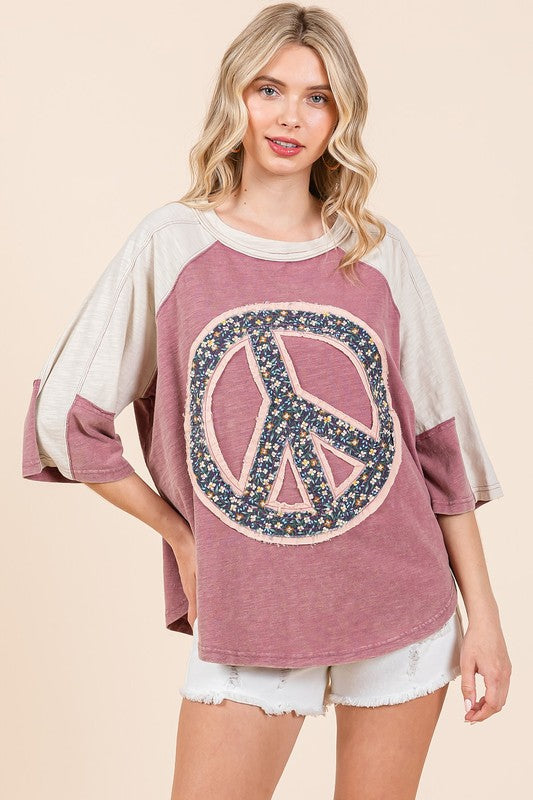 PREORDER NOW, Arriving Friday...Mauve/ivory loose fit top with floral peace sign patch