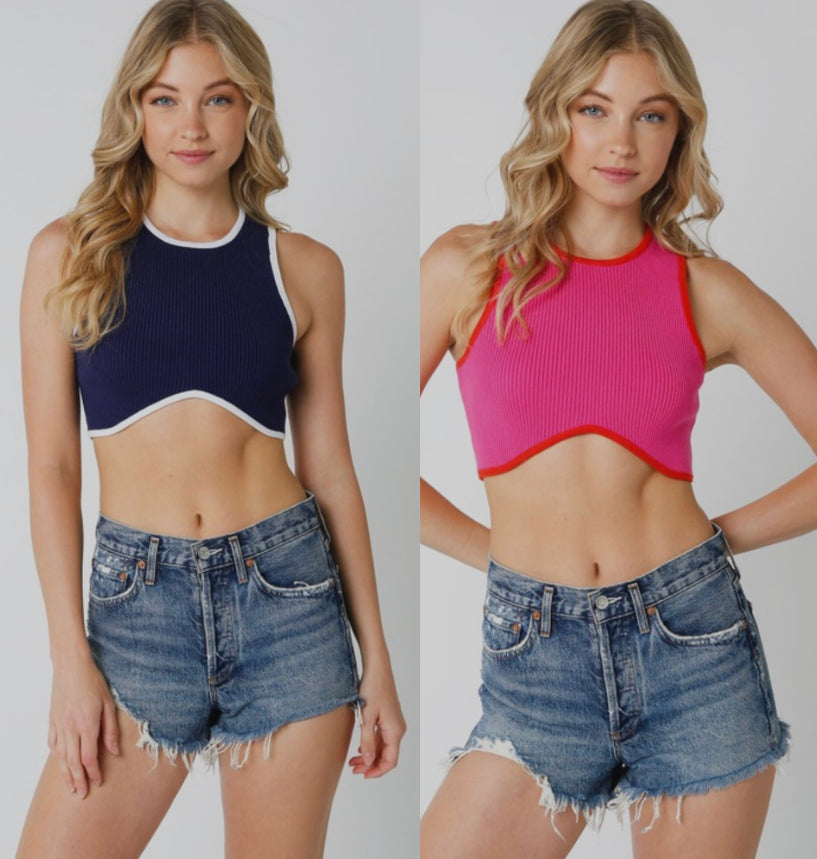 Crop tank with arch bottom and contrast trim (2 colors) New colors in top selling style!
