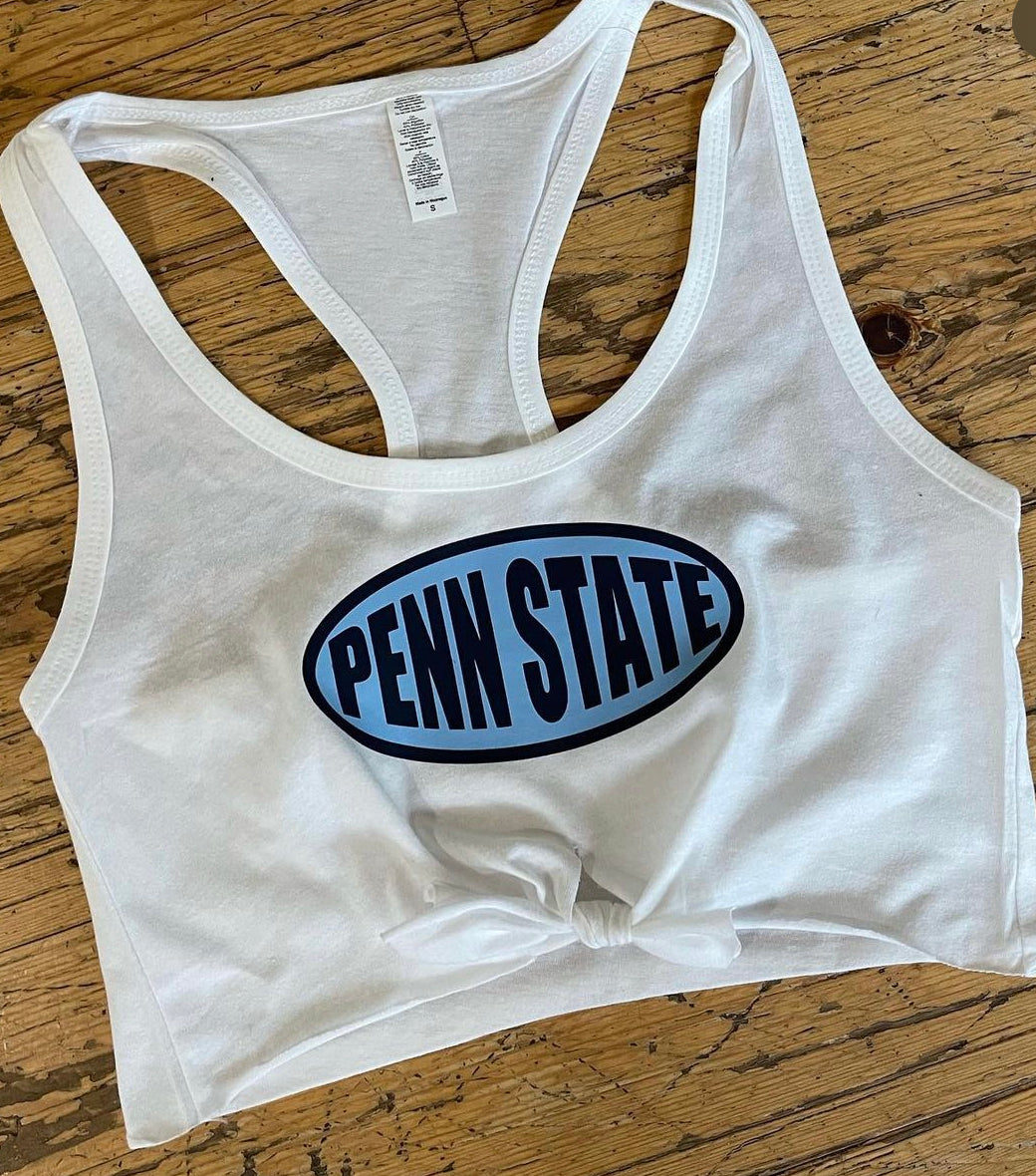 In stock college tie front crop tanks with oval design