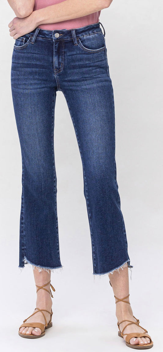15TH RESTOCK! Dark crop (or full length on shorter women) mid rise flare jean with stretch, BEST SELLER!