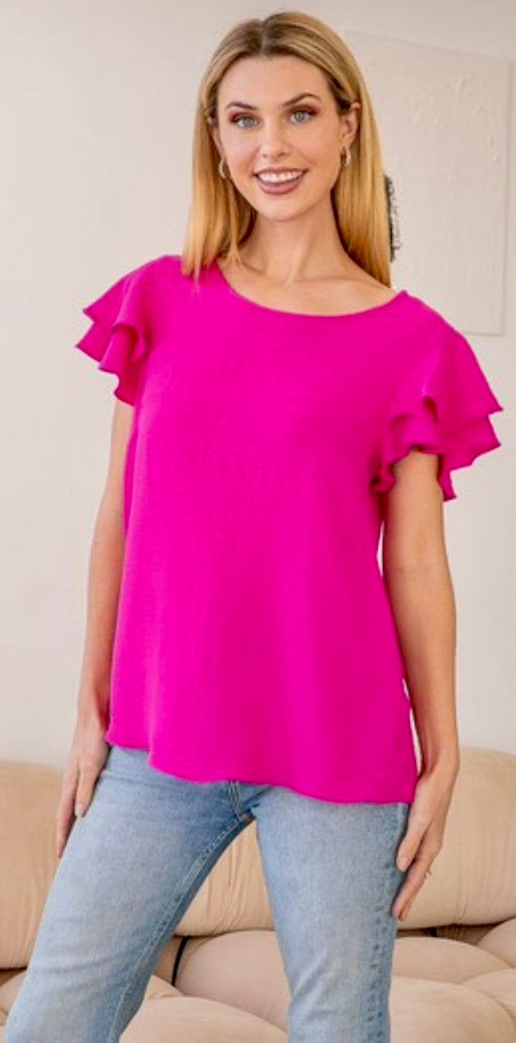 Hot pink double ruffle sleeve top