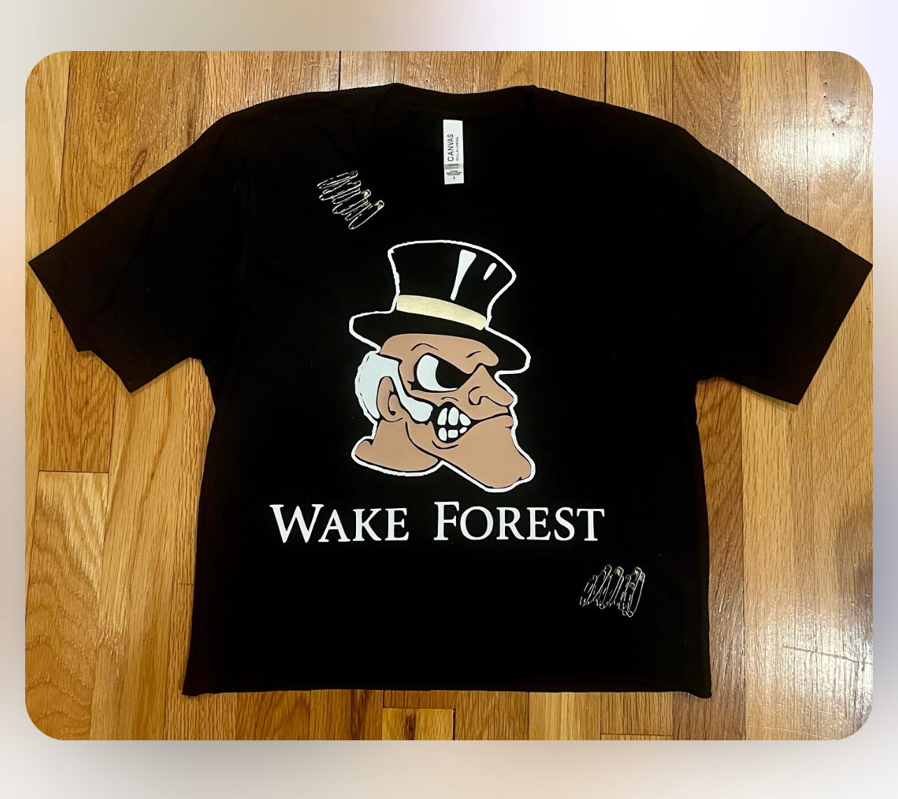 Custom safety pins tee (can make for ALL schools and camps) SEE MANY MORE COLLEGE ITEMS BY CLICKING BY COLLEGE TAB IN UPPER RIGHT CORNER ON WEBSITE!