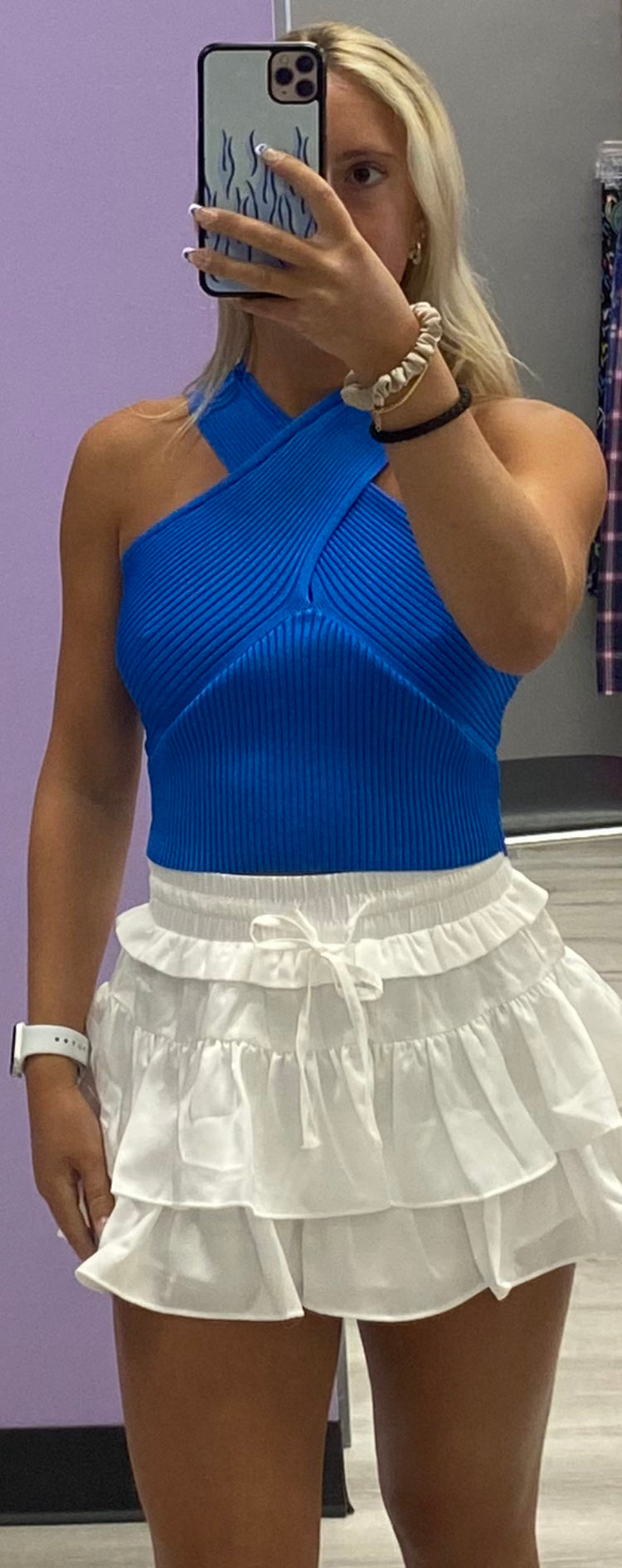 Royal blue rib knit criss cross top