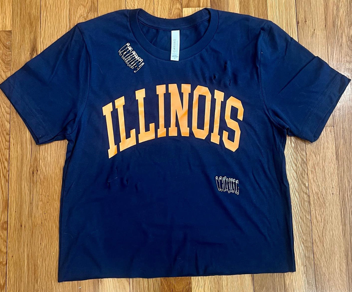 Custom safety pins tee (can make for ALL schools and camps) SEE MANY MORE COLLEGE ITEMS BY CLICKING BY COLLEGE TAB IN UPPER RIGHT CORNER ON WEBSITE!