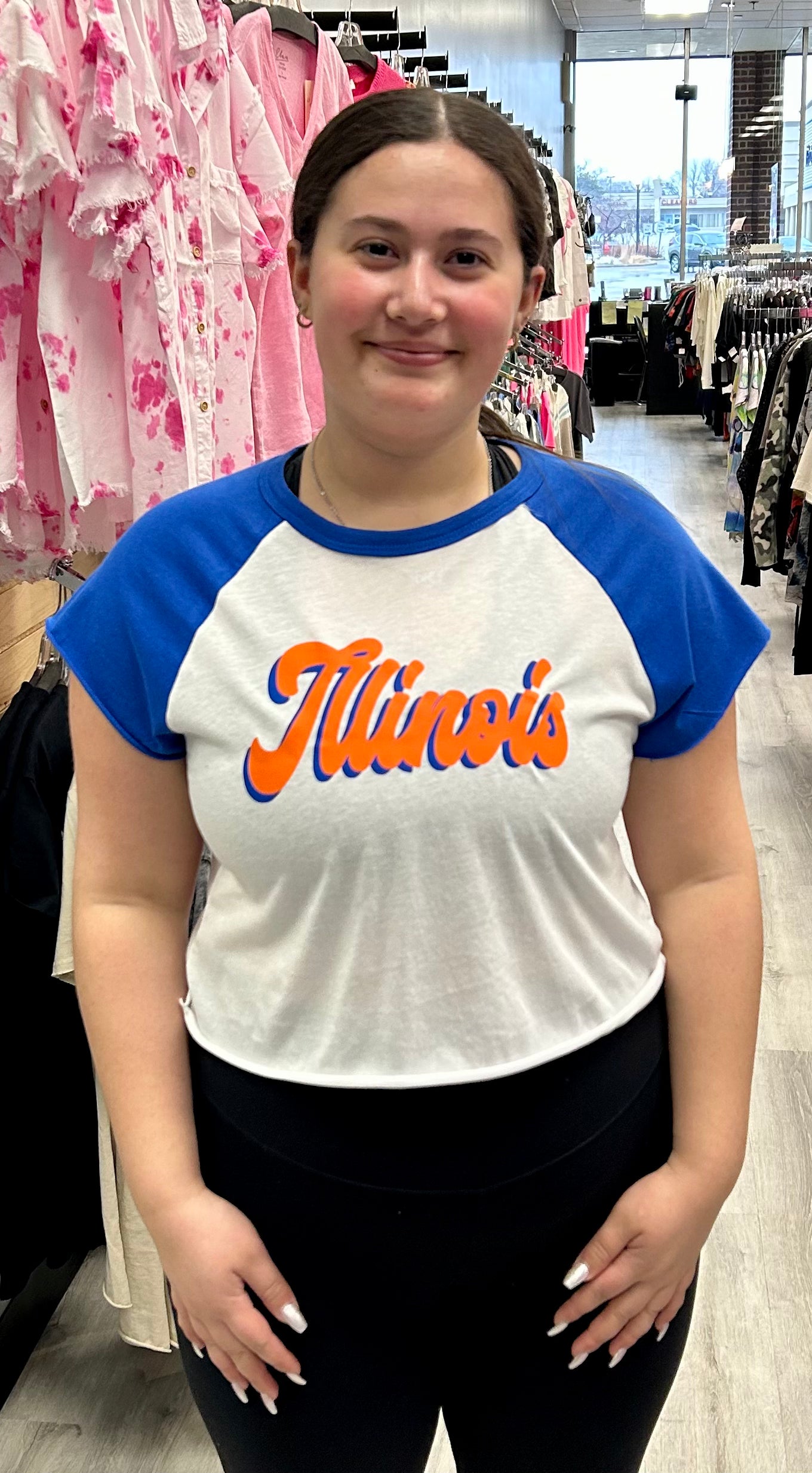 In stock college crop baseball tee