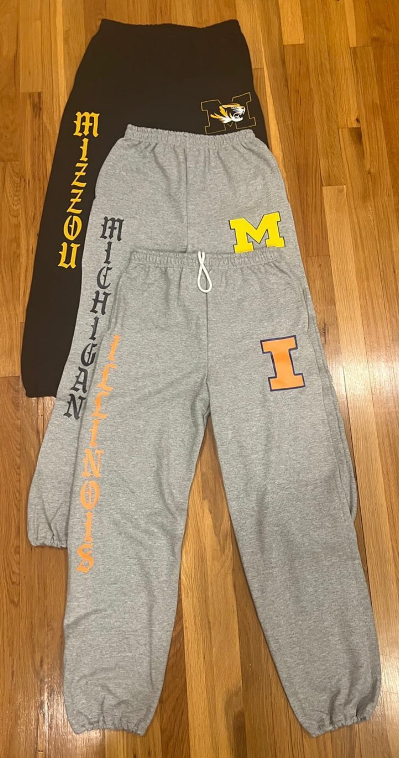 Custom college loose fit sweats (can be made for any school or camp) IN STOCK AND CUSTOM ORDER