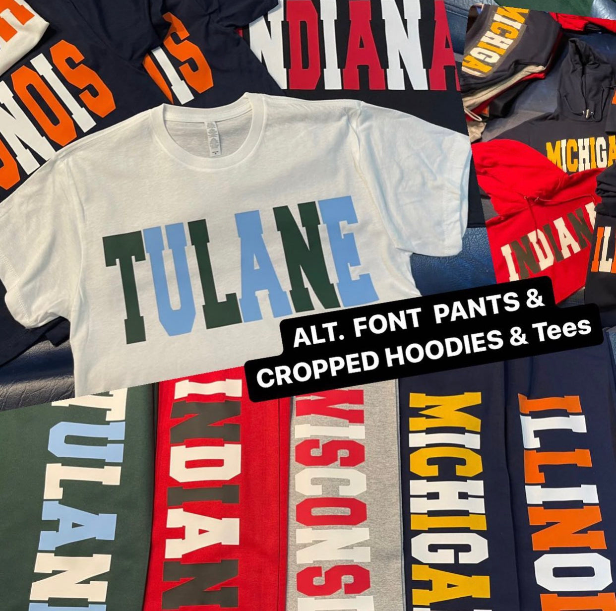 Custom college alt color cropped hoodie or tee can make for ANY school or camp Sweatpants are also available in a separate listing