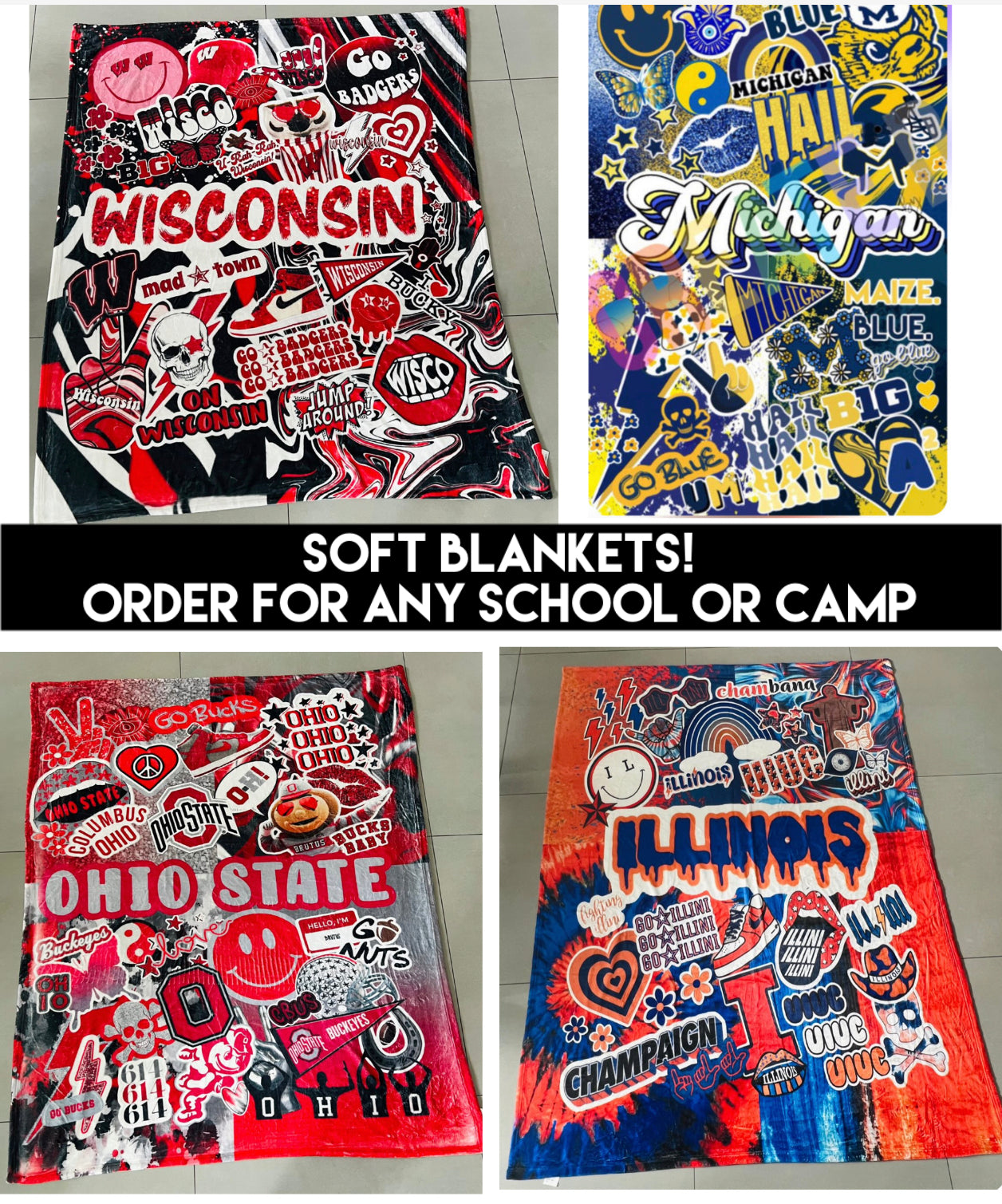 IN STOCK & Custom soft, plush blankets (can make for ANY school or cam
