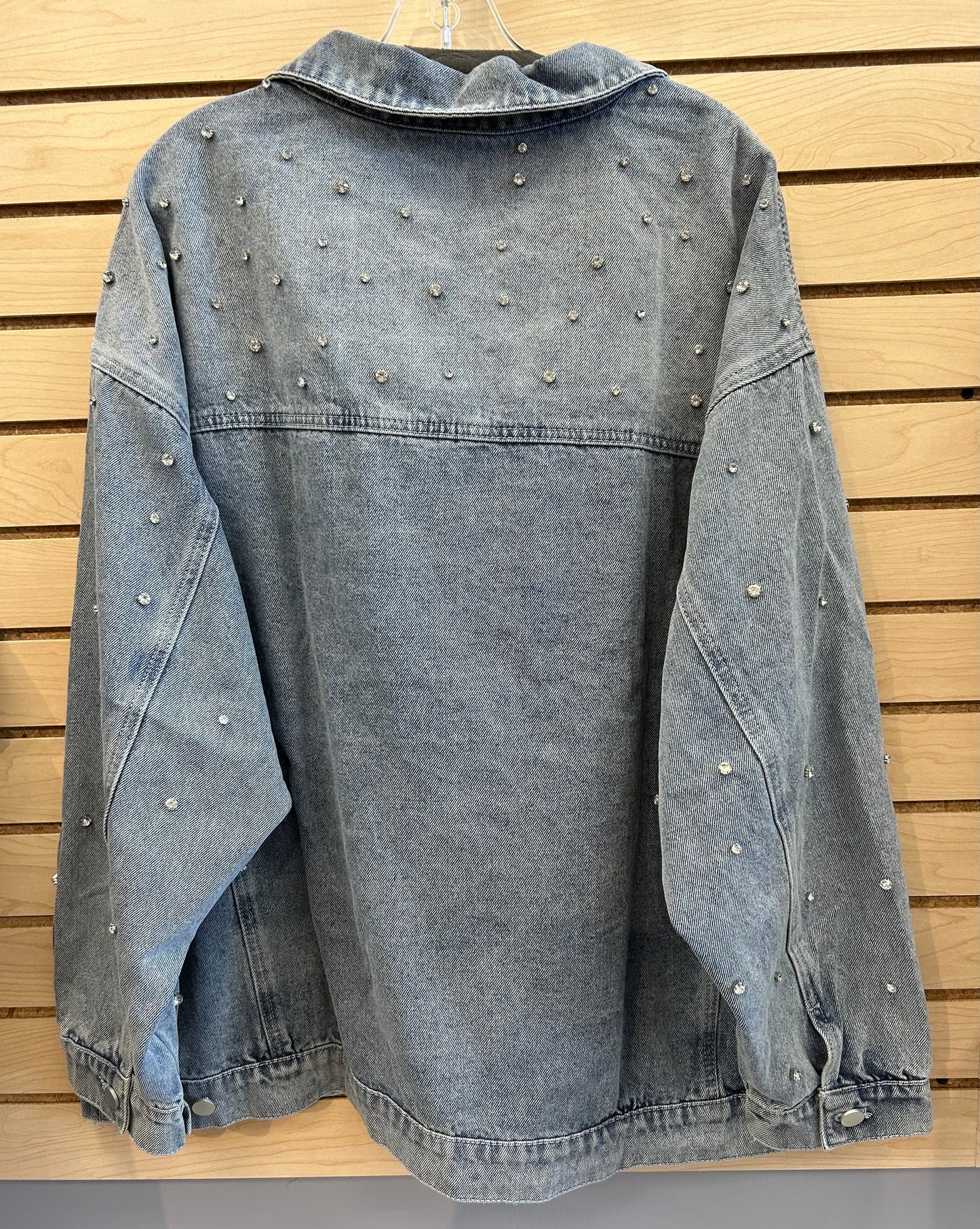 Plus size denim jacket with crystals all over