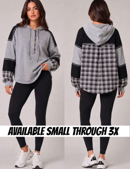 PREORDER NOW, Arriving Tuesday…Grey/black hoodie with plaid inserts, also available in plus sizes