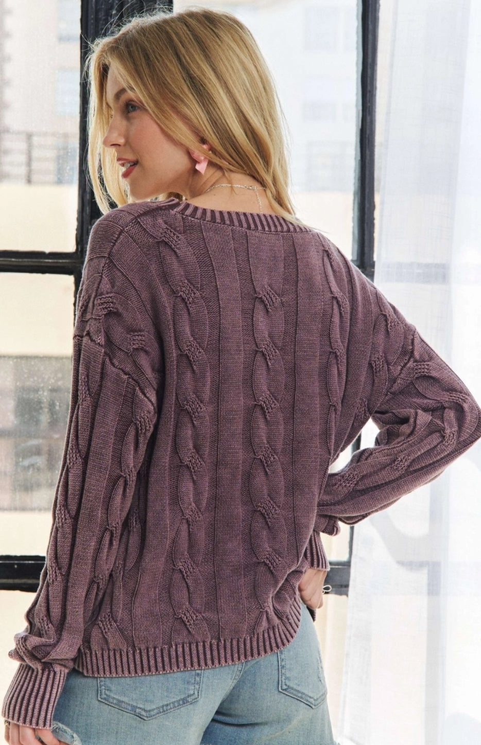 Purple soft knit cable sweater