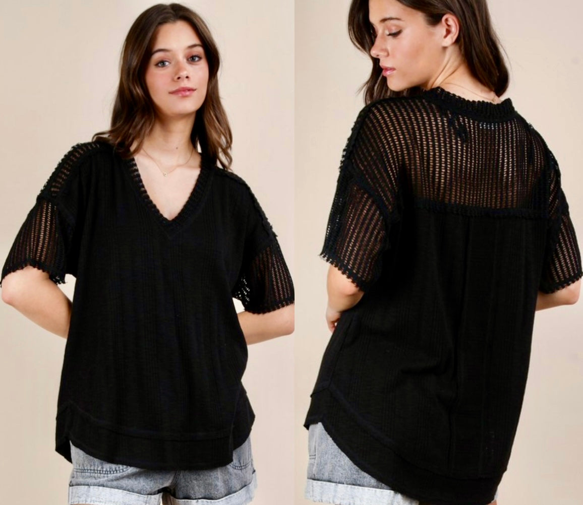 Black soft knit top with netting detail on sleeves and back