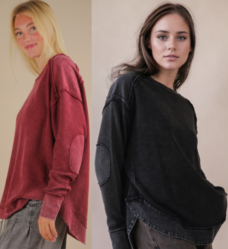 Crew neck hi/lo tops with tonal elbow patches
