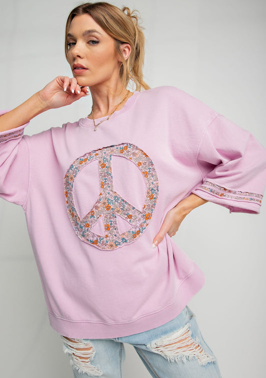 Light pink 3/4 sleeve lightweight sweatshirt with floral peace