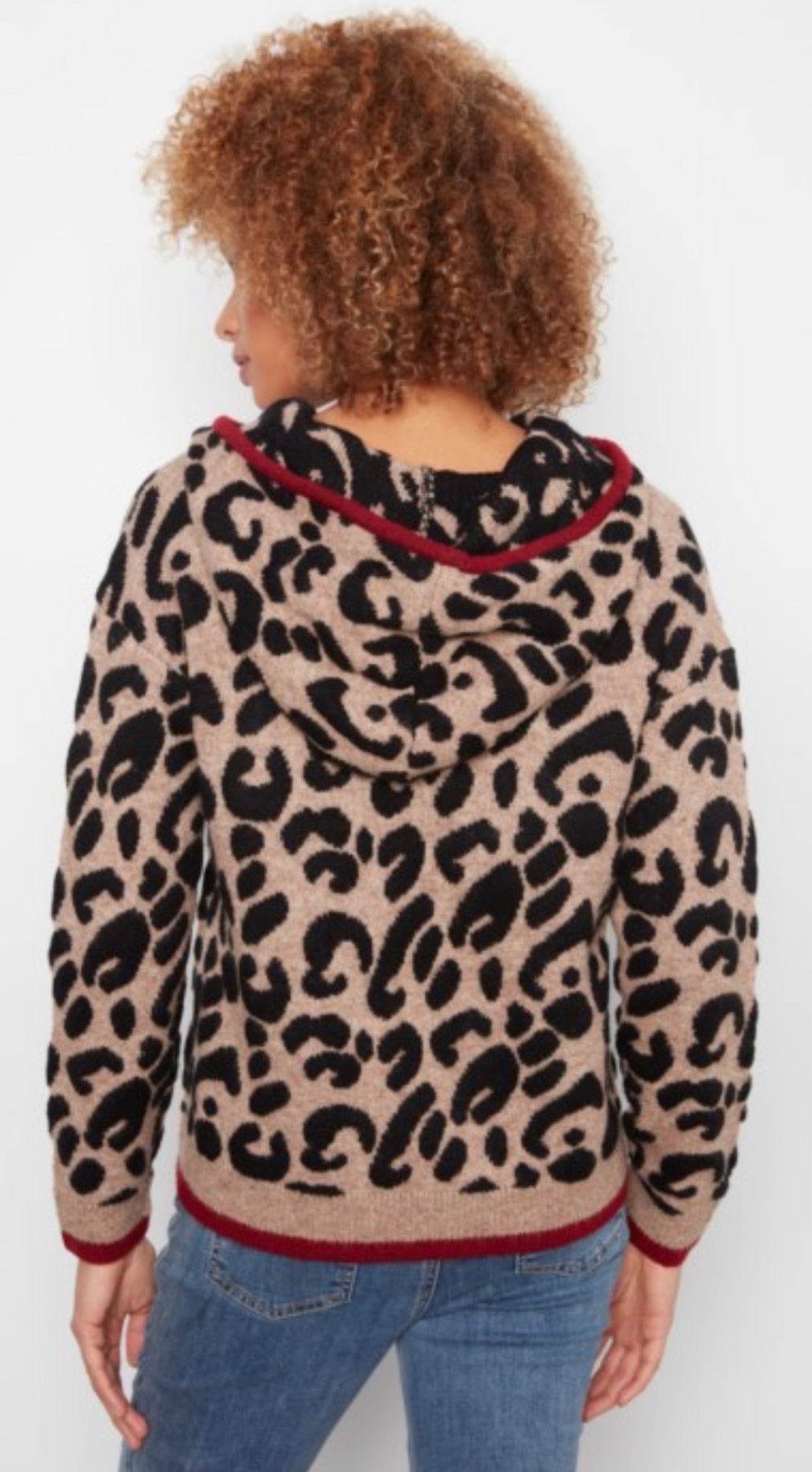 Charlie B leopard soft knit hooded sweater with red trim, XS through XXL
