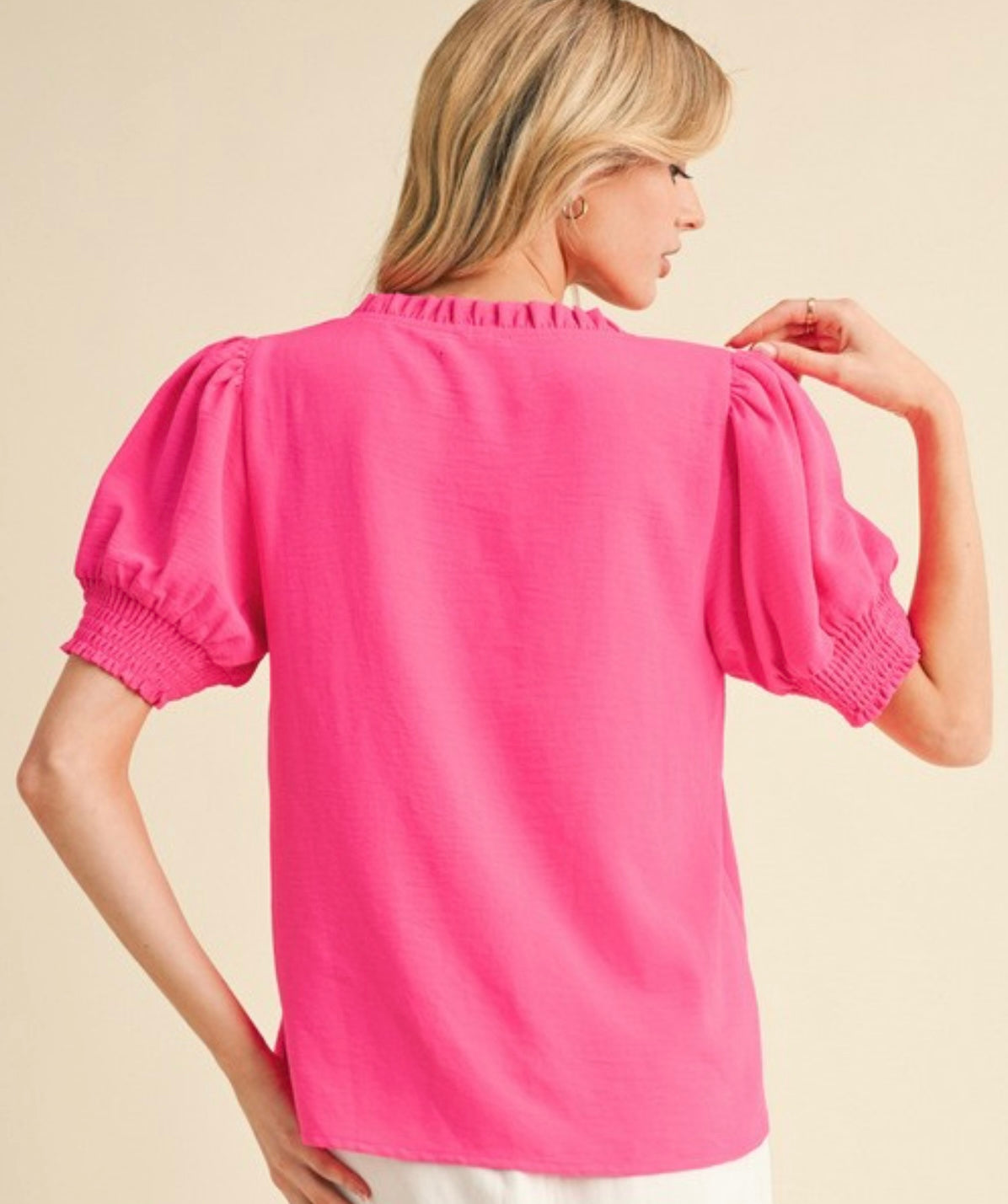 Hot pink and royal lightweight airflow tops with ruffle detail and puff sleeves