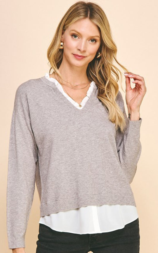 Grey/white 2fer soft, lightweight sweater blouse