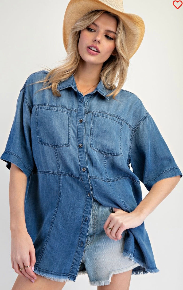 Denim lightweight short sleeve blouse