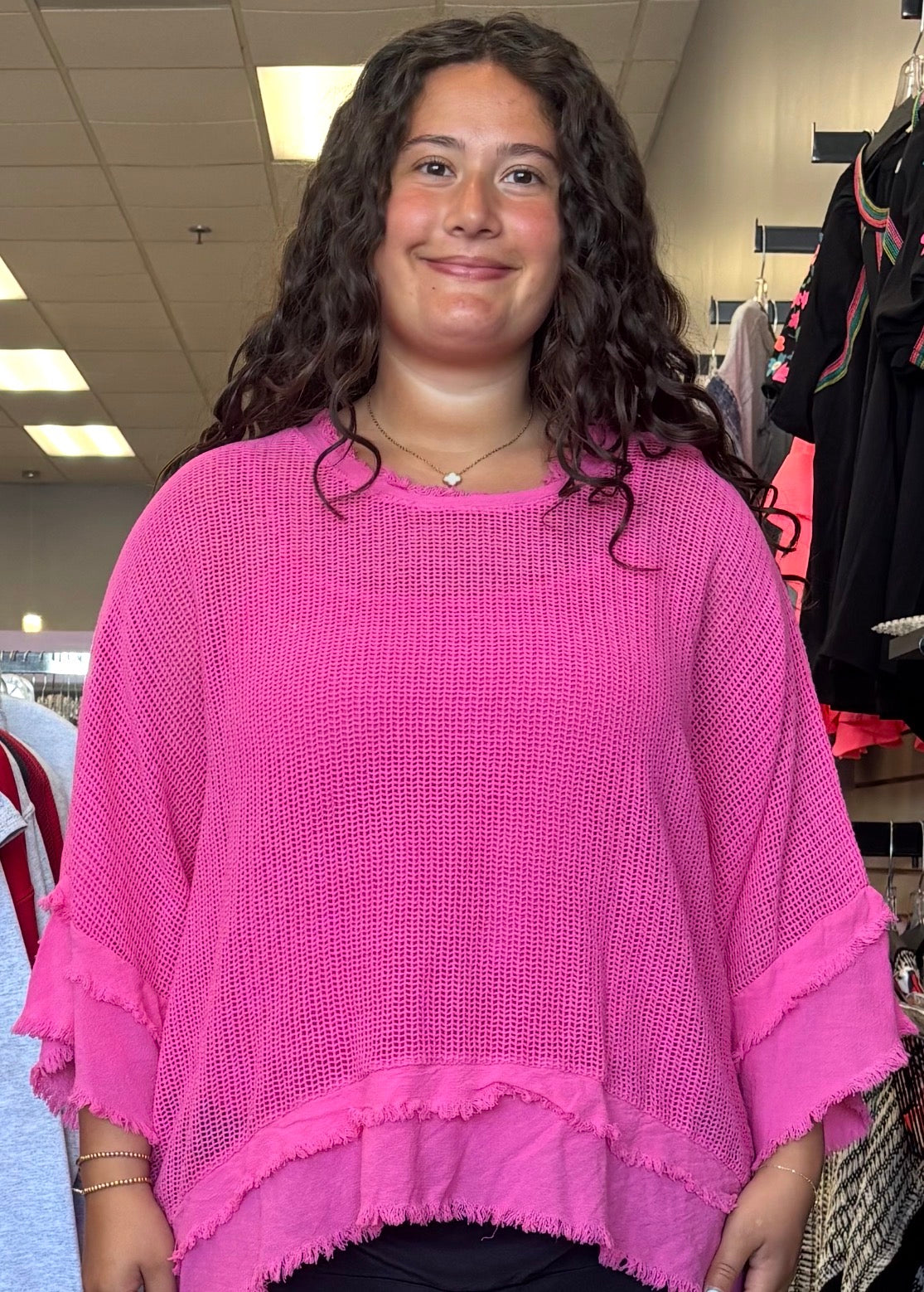 Pink netting relaxed fit top with linen flounce bottom and sleeves, also available in black and comes with tank