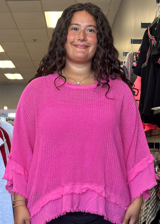 Pink netting relaxed fit top with linen flounce bottom and sleeves, also available in black and comes with tank
