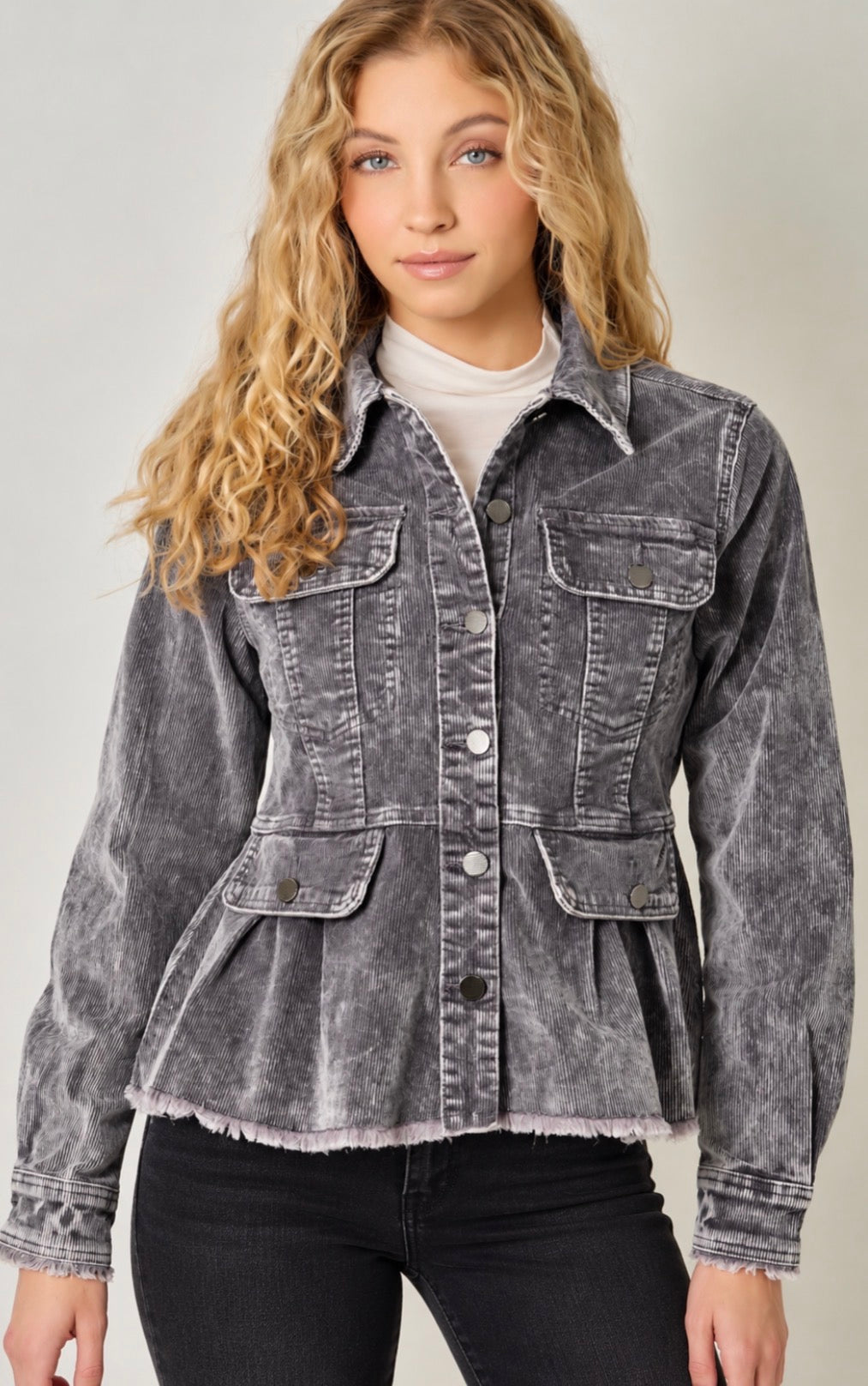 PREORDER NOW, Arriving Friday…Grey soft corduroy peplum jacket
