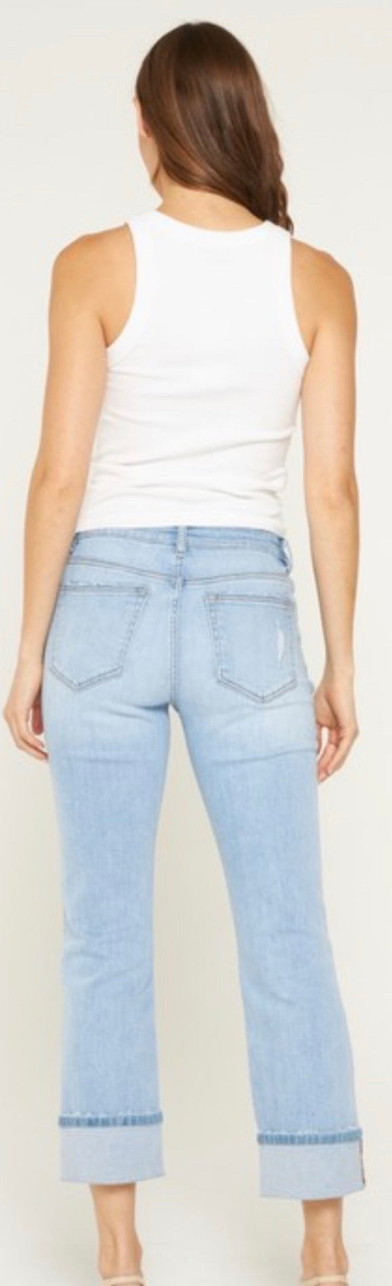 Mica cuffed stretch jeans, mid wash relaxed fit & lighter wash straight leg