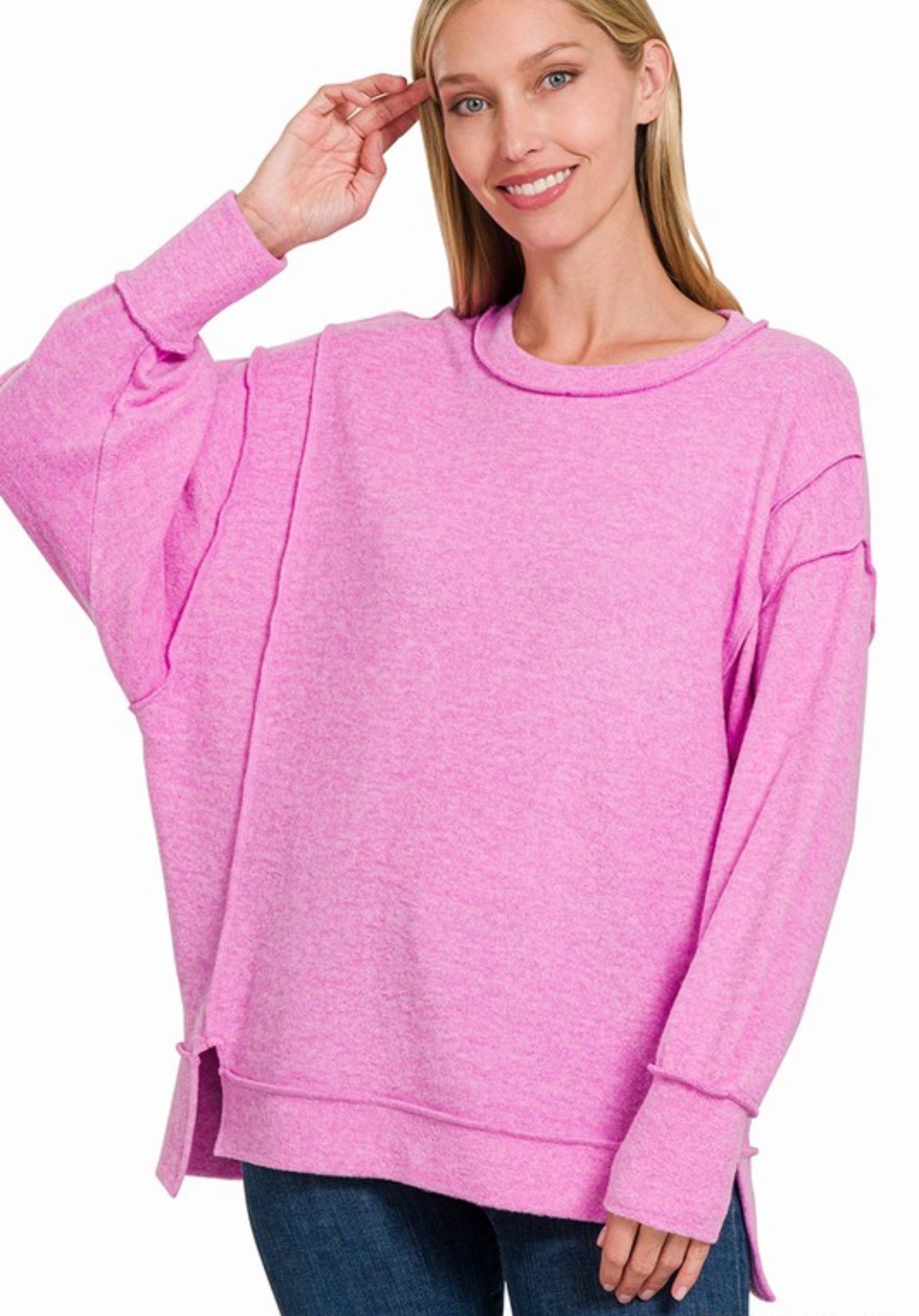 Bight mauve super soft hacci oversized hi lo top, available up to XXL