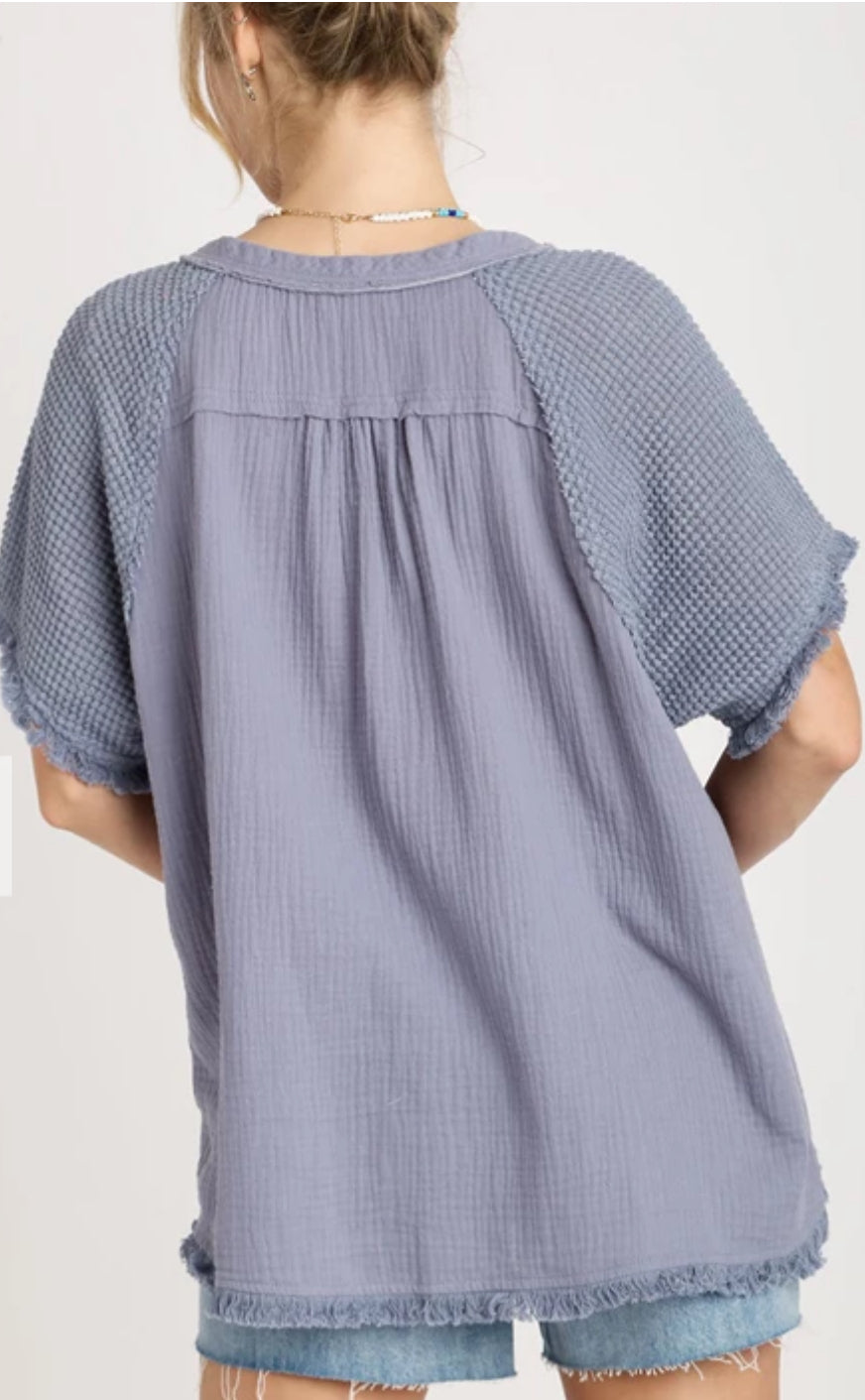 Blue gauze top with waffle shoulders