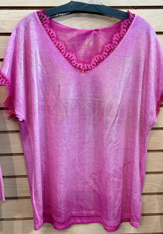 Pink shimmer soft knit v neck top with lace trim
