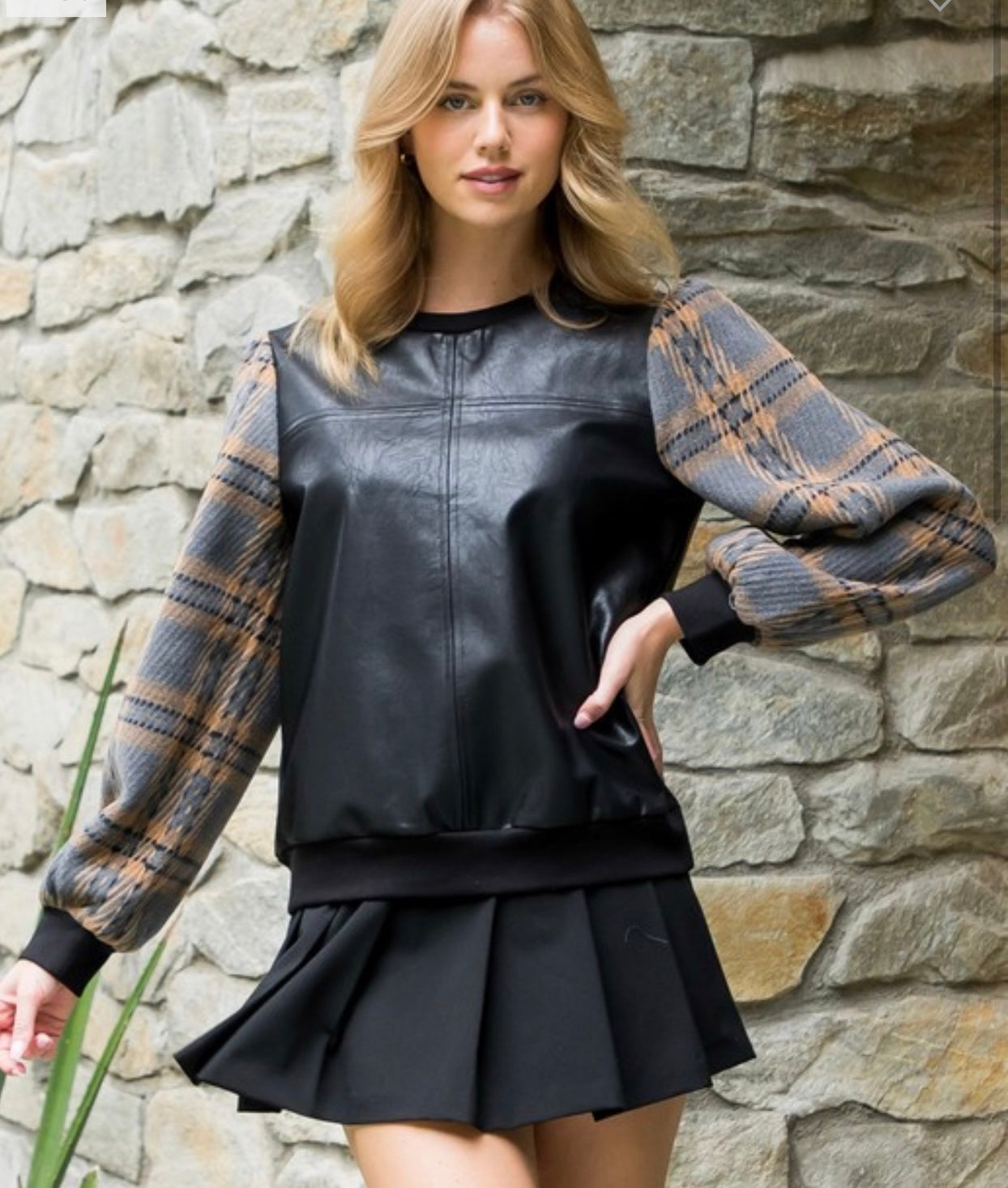 THML faux leather top with plaid print knit sleeves