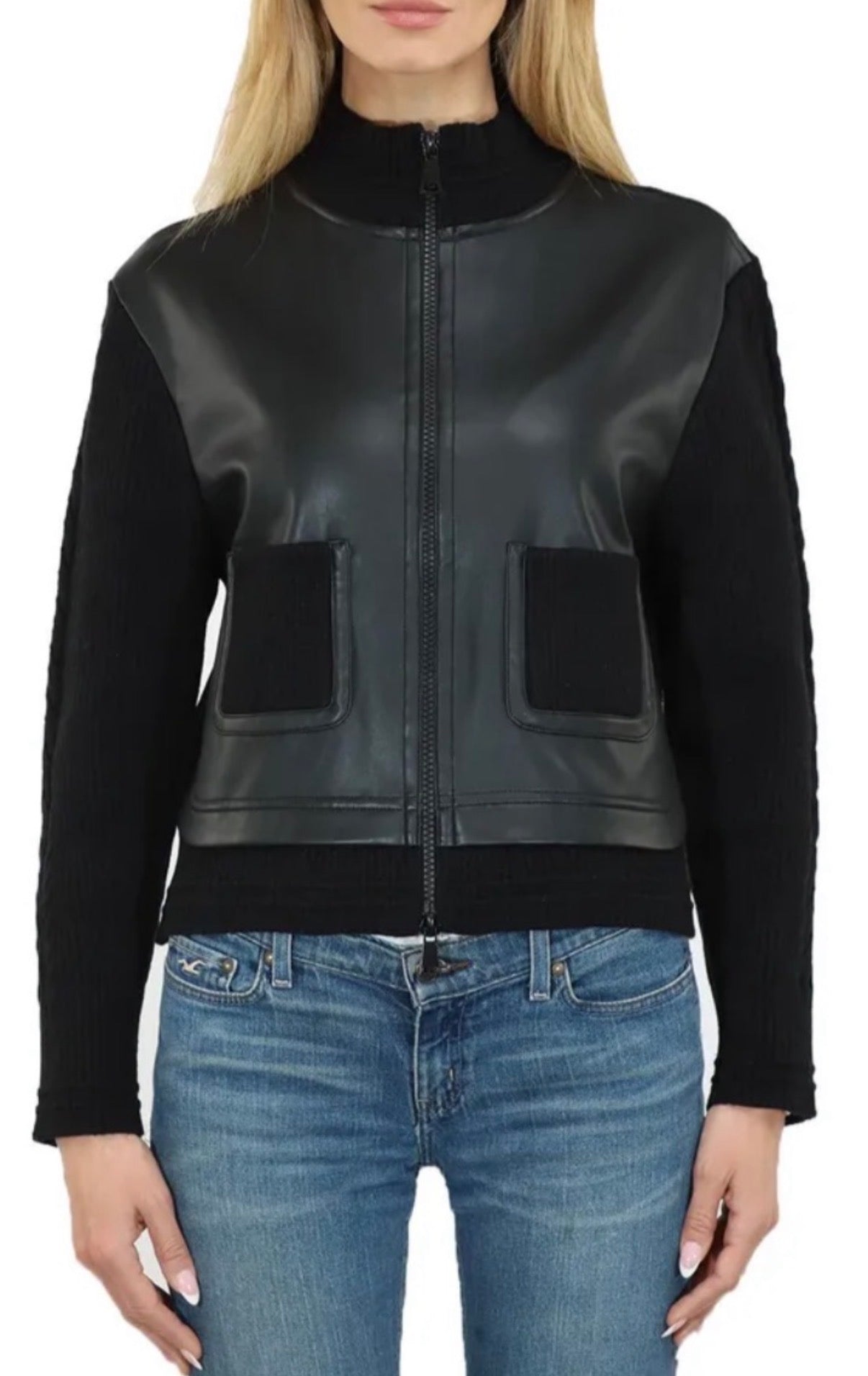 Black faux leather zip bomber jacket with sweater knit sleeves and pockets