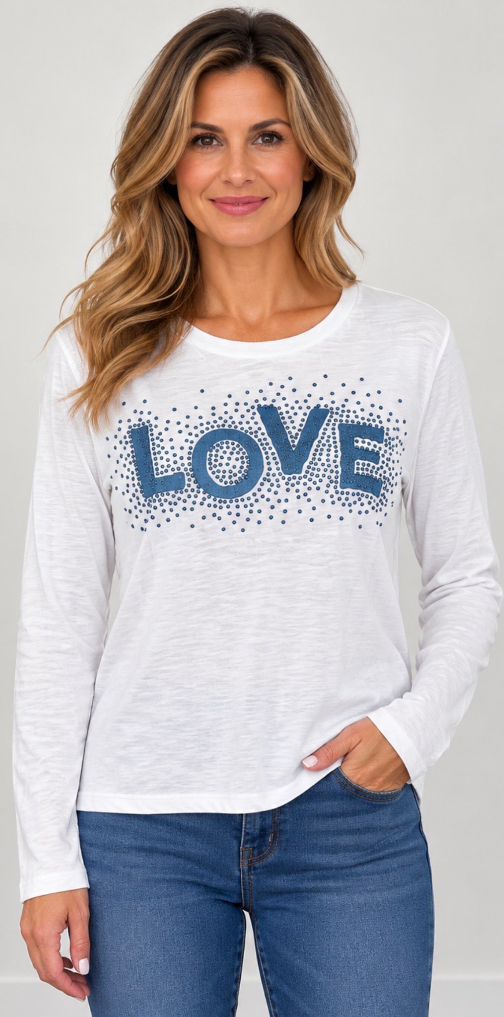 White long sleeve tee with blue LOVE and blue crystals