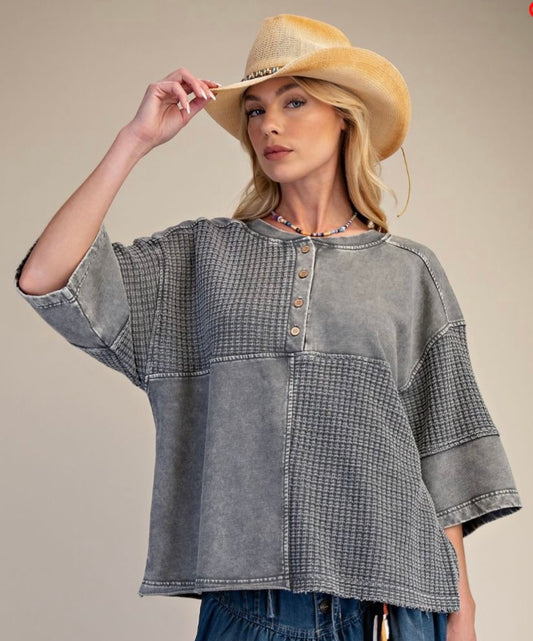 Grey thermal mix short sleeve henley top