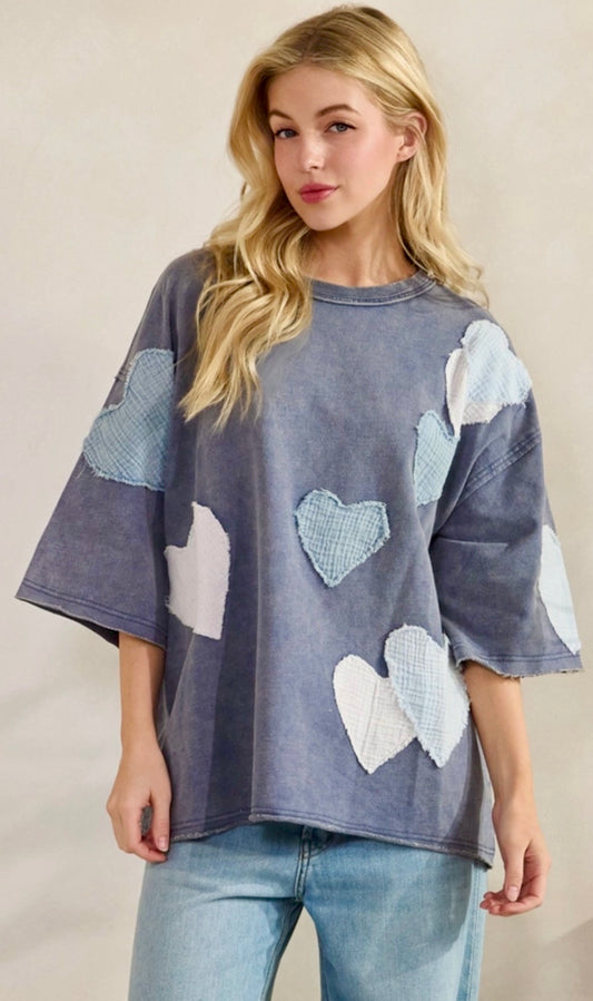 Blue loose fit top with heart patches