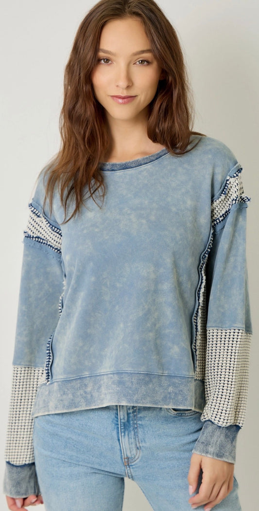 PREORDER NOW, Arriving Friday…Blue mineral wash soft sweatshirt with waffle inserts