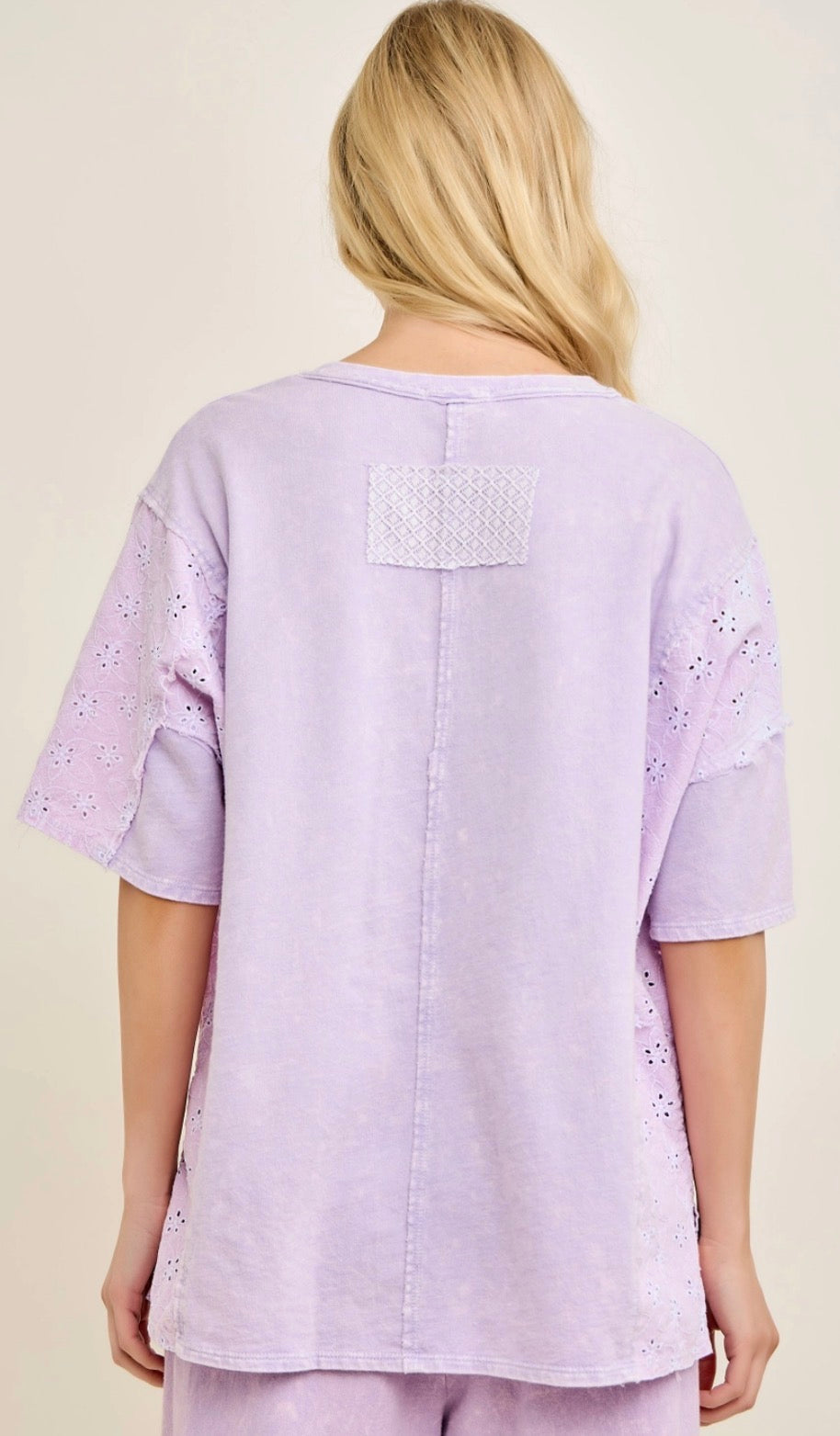 Lilac top with crochet flower and patches