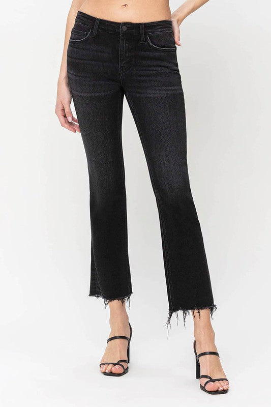 Cropped distressed flare with stretch, mid rise