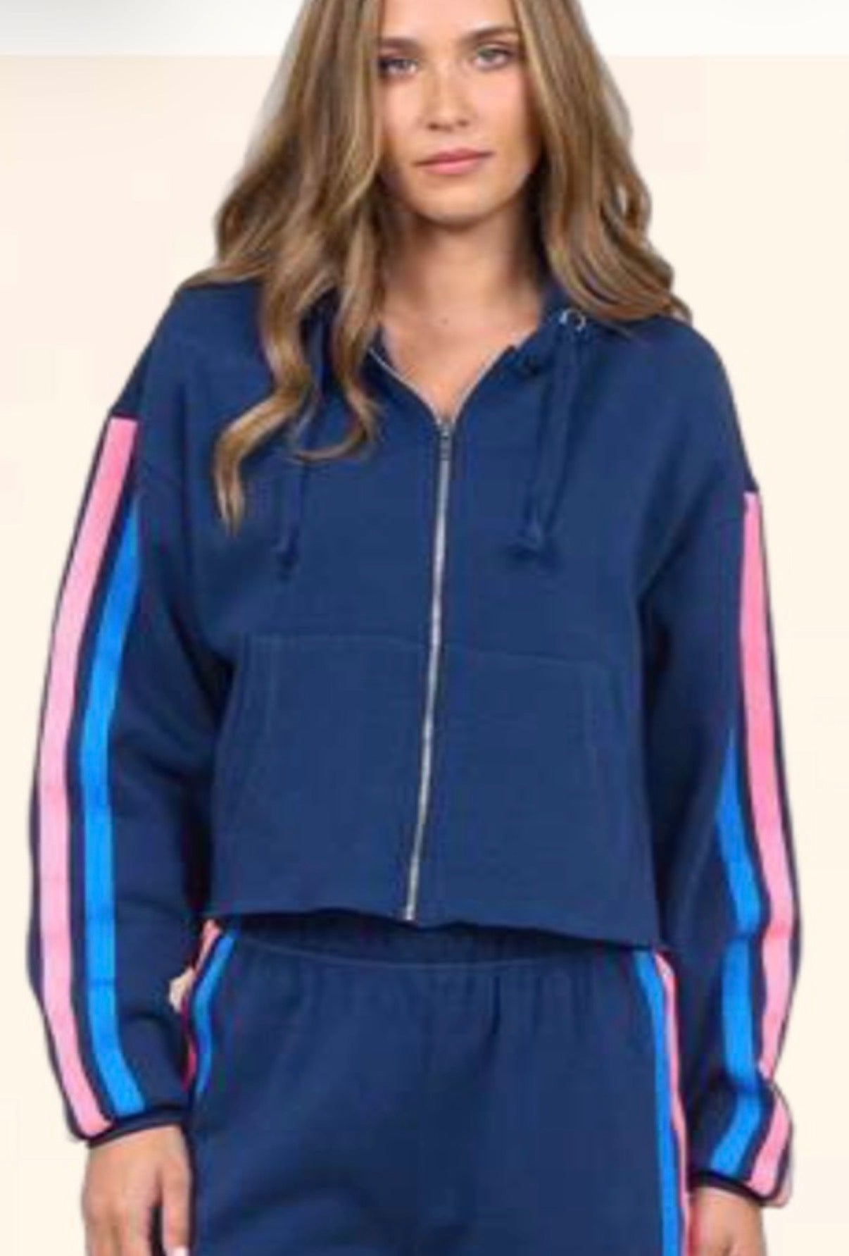 Vintage Havana blue zip hoodie with sleeve stripes