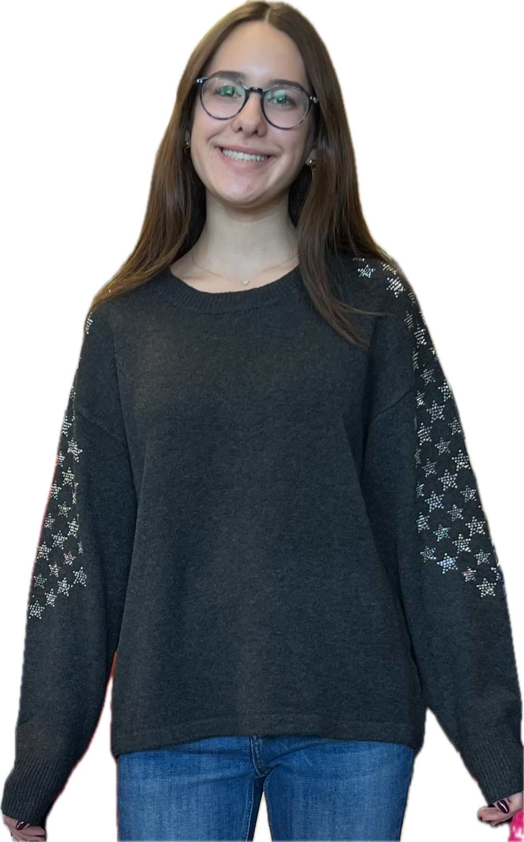 Assorted lightweight sweaters and sweatshirts with embellishments